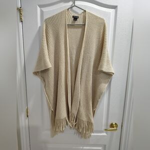 Steve Madden Cream Open-Knit Fringe Poncho Sweater